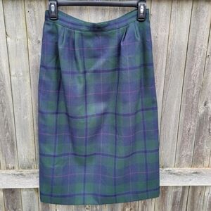 Vintage Green & Blue Plaid Preppy Academia Poly Blend Midi Skirt Size 6